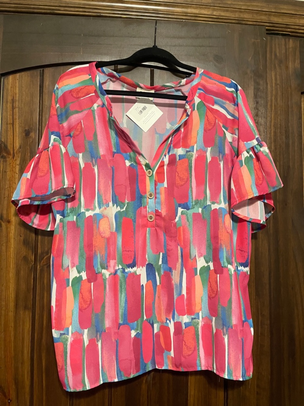 BiBi Pink Multicolor Brushstroke Ruffle-Sleeve Top